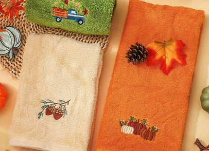 JarThenaAMCS 3Pcs Fall Hand Towels Embroidered Pumpkin Truck Pinecone Cotton Bathroom Towels Autumn Dish Towel for Thanksgiving Drying Cleaning Cooking Gift, 29.5 x 13.7 Inch