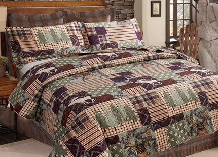 Smuge 3-Piece Moose Pine Tree Reversible Quilt Set, Checked Color Stripe Rustic Home Lodge The Wilds Quilted Bedspread Coverlet Bedding Set, Lightweight Breathable for All Season (Twin, White Deer)