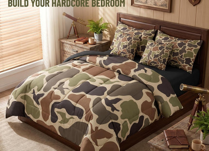 Erosebridal Hunting Duck Hunter 7 Pcs Comforter Set Queen Camo Birds Bed in A Bag Army Green Ducks Comforter for Men Camouflage Military Sheet Set Boys Wild Woodland Pillowcases Rustic Bed Set