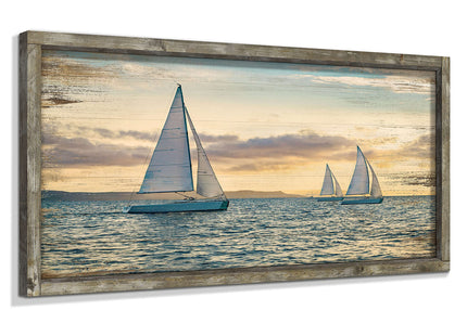 Ocean Framed Wooden Wall Art: Coastal Painting Art 40"x20" Sail Boats Artwork Decor Sunset Seascape Picture Prints for Office