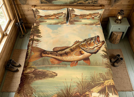 Bass Fish Bedding Set Full Size,Lake House Retro Rustic Style Duvet Cover Set Kids Boys Girls Room Decor,Hunting and Fishing Theme Comforter Cover 3Pcs,Wild Animal Lake Bedspreads Cover,2 Pillowcases