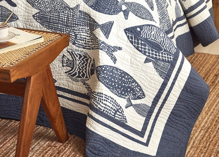 3-Piece Cotton Coastal Quilt Set, Navy Fish Bedspread with Shams, King