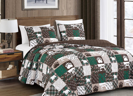 3 Pcs Rustic Cabin Quilt Set Bear Paw Patchwork Lodge Bedding, Brown, Queen