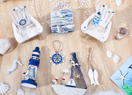7 Pieces Wooden Box Wooden Lighthouse Mini Sailboat Anchor Fish Hanging Starfish Model Spring Summer Easter Tree Ornament Decoration Aquarium Decor Landscape Tank Ornament Office Mini Garden Landscape