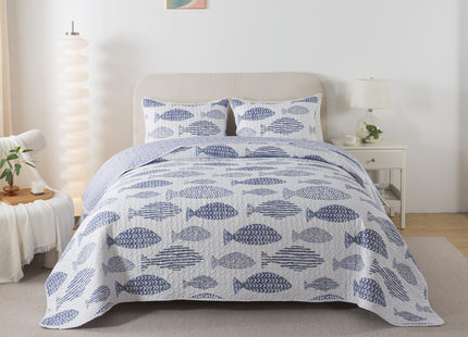 SLPR - Coastal Nautical Fish Quilt Set, Twin with 1 Sham, Lake Bedding