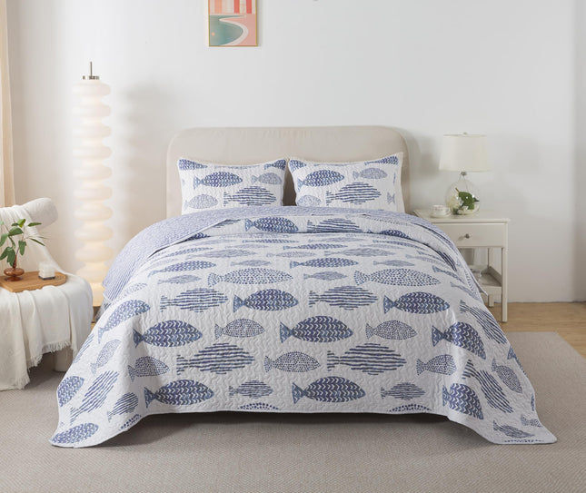 SLPR - Coastal Nautical Fish Quilt Set, Twin with 1 Sham, Lake Bedding