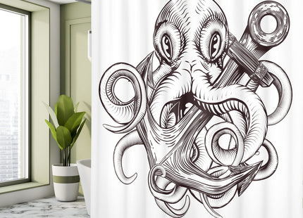 Ambesonne Anchor Shower Curtain, Monochrome Octopus Tattoo Art Style Naval Sketch Mythical Kraken Beast Design, Cloth Fabric Bathroom Decor Set with Hooks, 69" W x 75" L, Brown and White