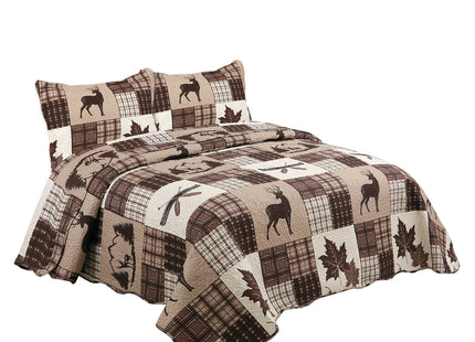 Marina Decoration Rich Printed Embossed Pinsonic Coverlet Bedspread Ultra Soft 2 Piece Summer Quilt Set with 1 Quilted Sham, Brown Cabin Maple Deer Plaid Pattern Twin/Single Size