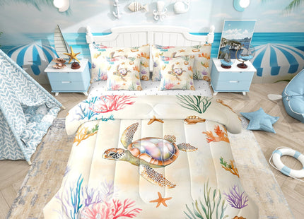 Erosebridal Sea Turtle Comforter Set with Sheets, Ocean Life Bed in A Bag for Bedroom Decor, Sea Animal 7 Pieces Bedding Set