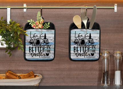 Hunting Gifts Pot Holders with Pockets, Cabin Gifts Life is Better in The Woods Pot Holders Heat Resistant Oven Mitts Hot Pads for Kitchen Baking Cooking,Potholders for Kitchens