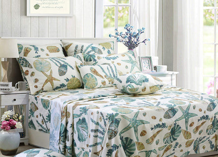 FADFAY Sheet Set Queen Beach Themed Bedding Sets 100% Cotton Super Soft Coastal Bedding White Teal Seashells and Starfish Nautical Bedding with Deep Pocket Fitted Sheet 4-Pieces Queen Size