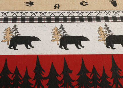 Rustic Queen Size Bedding Set - Red Black Buffalo Plaid Patchwork Quilt Bedspread - Country Cabin Lodge Bear Quilt - Soft Lightweight Reversible Plaid