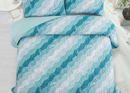 Dinjoy Coastal Quilts King Size, Blue Green Ocean Beach Themed Bedding Set