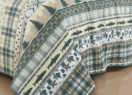 Chezmoi Collection Lake 3-Piece Lodge Quilt Set King - Multicolor Pine Tree Fish Deer Explorer Mountain Printed Microfiber Lightweight Bedspread Set for All Season