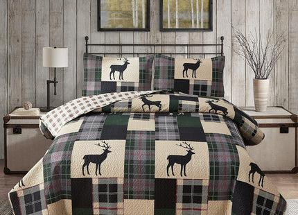 Ycosy 3pcs Breathable Lightweight Christmas Plaid Lodge Quilt Set Full/Queen Size Including Quilt, 2 Pillow Shams, Green, Polyester, Bedspread Set or Bedding Set