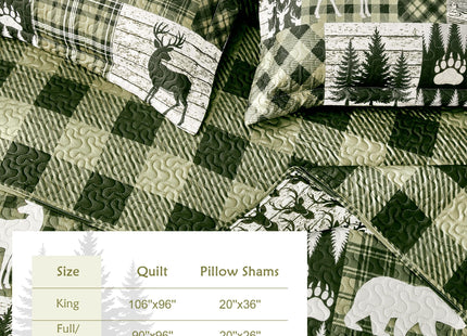 3 Piece Cabin Full/Queen Quilt Sets Farmhouse Rustic Reversible Microfiber Soft Lightweight Bedspread Comforter with 2 Shams Patchwork Country Lodge Bedding Quilts Set for All Season, 90''x96'', Green