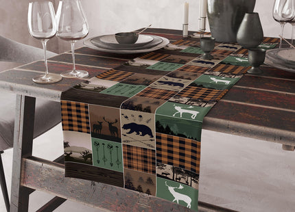 Rustic Country Cabin Hunting Moose Table Runner,Retro Green Patchwork Bear Deer Hunting Wild Animal Plaid Checkered for Kitchen Dining Room 13x72 in