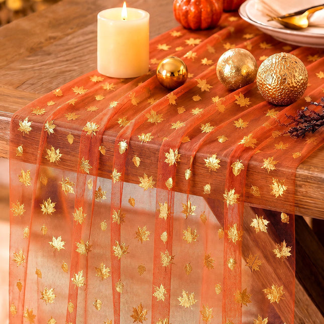 APUDWN 4Pcs Thanksgiving Table Runner Maple Acorns Gauze Fall Table Runner