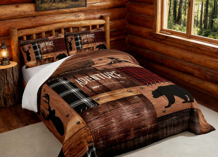 Cabin Home Comforter Sets King Size Hunting Bear Deer Animals Theme Quilted Duvet 3pcs for Boys Men Teens Kids Bedroom Decor Brown Wooden Rustic Farmhouse Style Bedding Sets Patchwork Plaid Bedspread