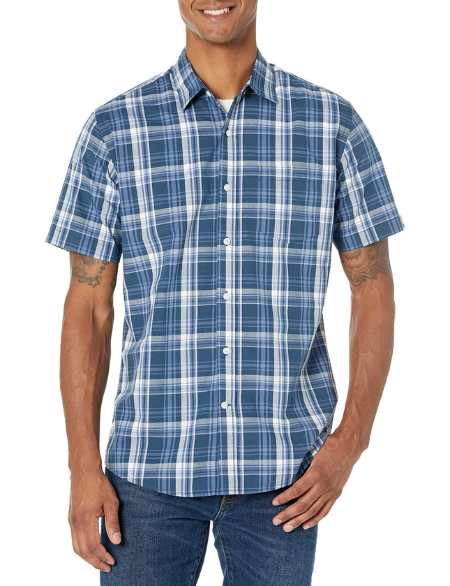 Amazon Essentials Men's Regular-Fit Short-Sleeve Plaid Casual Poplin Shirt, Navy Medium, Large
