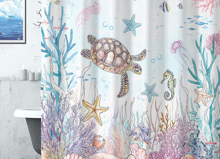 Lifeella Nautical Coastal Turtle Shower Curtain, Teal Starfish Seahorse Funny Ocean Themed Bathroom Decor, 72x72 inch