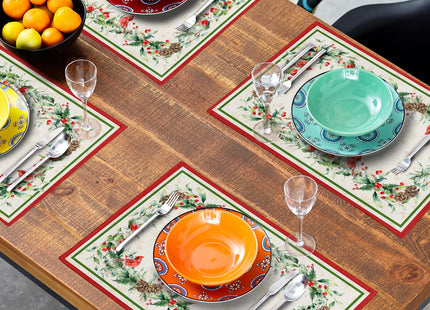 Winter Holly Branches Placemats Set of 4, Xmas Red Birds Pine Cone Dining Table Place Mats Linen Fabric Desk Top 12 x 18 Inch for Seasonal Holiday Home Kitchen Decor