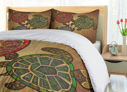 Ambesonne Turtle Duvet Cover Set, 3 Ocean Turtles Ethic Style Animals Geometric Vibrant Ocean Theme Artwork Print, Decorative 3 Piece Bedding Set with 2 Pillow Shams, Queen Size, Brown Green