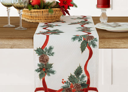 Lintex Evergreen Garland Double Ribbon Bordered Christmas Fabric Table Runner, 70 Inch Long, Holly and Pine Cone Print, Easy Care Country Cottage Holiday Runner for Dining and Buffet Tables