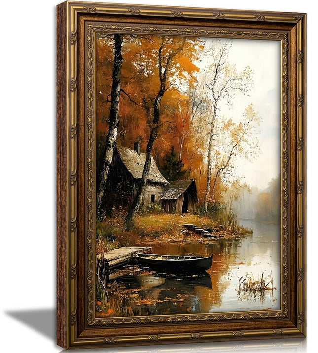 Vintage Gold Framed Wall Art, Autumn Lake Cabin with Boat Oil Painting Print, Rustic Fall Landscape Decor for Living Room, Bedroom, Cabin, Ready to Hang