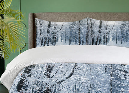 Ambesonne Winter Duvet Cover Set, Snow Covered Forest Idyllic Early Morning Scenery Seasonal Xmas Nature, Decorative 3 Piece Bedding Set with 2 Pillow Shams, Queen Size, Ecru Blue
