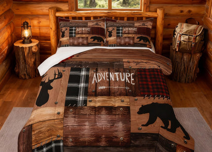 Cabin Home Comforter Sets King Size Hunting Bear Deer Animals Theme Quilted Duvet 3pcs for Boys Men Teens Kids Bedroom Decor Brown Wooden Rustic Farmhouse Style Bedding Sets Patchwork Plaid Bedspread