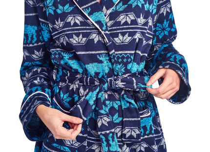 Ashford & Brooks Women's Sweater Fleece Printed Lounge Robe - Fairisle Moose Aqua - Large