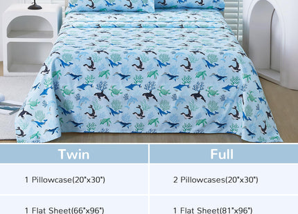 Viviland 3 Pieces Boys Blue Ocean Twin Sheet Set - Soft Microfiber Fitted Flat Sheets & Pillowcase - Blue Ocean Whales, Sea Turtles, Marine Organisms Bedding Sets - for Kids & Toddlers