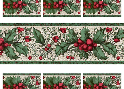 Christmas Table Runners and Placemats Set of 6, Holly & Berries Design, Green & Red, Perfect for Holiday Dining, 7-Piece Christmas Table Decoration