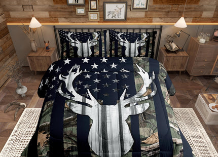 Rustic Deer Boys Bedding Set Queen Size,Deer Antlers Wild Animal Hunting Comforter Set,Army Green Camo Comforter Stars Stripes USA Flag Quilt with 2 Pillowcases, Camping Theme RV Cabin Lodge Decor