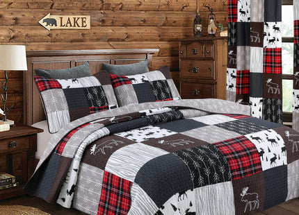 Cozy Line Home Fashions Microfiber True Patchwork Lodge Rustic Cabin Reversible Quilt Bedding Set, Coverlet Bedspread (Moose, Queen - 3 Piece)