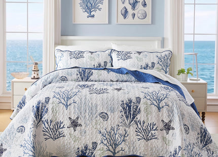 Qucover Coastal Quilt Sets King Size 106x98in, Reversible Microfiber Quilts with 2 Shams Soft Lightweight Beach Bedding Bedspread Coverlet Summer Comforter Set for All Season, Navy Blue
