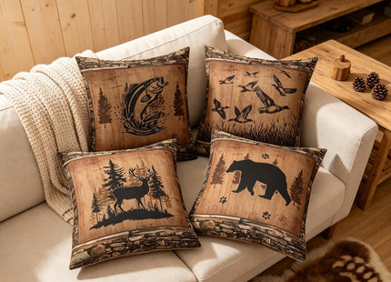 Feelyou Bear Throw Pillow Covers 18"x18" Set of 4 Soft Rustic Deer Cushion Case Fish Decor Pillowcase Mallard Duck Black Brown Indoor Outdoor