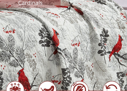 Virah Bella Cardinals 3-Piece Full/Queen Quilt Set - Red Cardinal Bird & Winter Berries Patchwork Bedspread Coverlet - Lightweight All-Season Rustic Lodge Bedding with 2 Standard Shams, 90" x 90"
