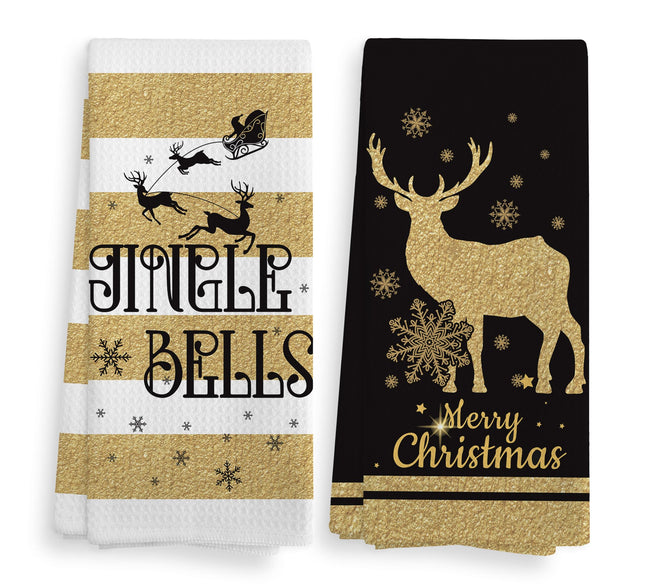 NOQL Black and Gold Christmas Kitchen Towels and Dishcloths Set of 2, Black and Gold Christmas Decorations, Christmas Moose Decor Drying Cloth Hand Towels Tea Towels for Bathroom, 16×24 Inches