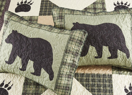Virah Bella Bear Star 2 Piece Twin Quilt Bedding Set, Rustic Cabin Forest Plaid Country Comforter with 1 Matching Standard Pillow Sham, Soft Lightweight Bedspread for All Season Comfort, Sage Green