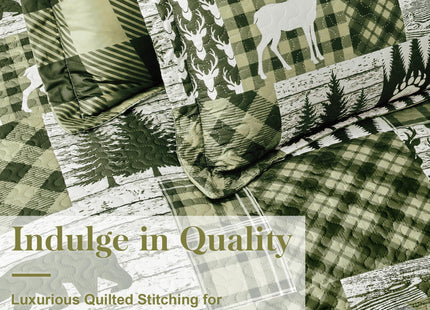 3 Piece Cabin Full/Queen Quilt Sets Farmhouse Rustic Reversible Microfiber Soft Lightweight Bedspread Comforter with 2 Shams Patchwork Country Lodge Bedding Quilts Set for All Season, 90''x96'', Green