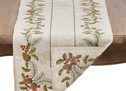 SARO LIFESTYLE 1851.N67S Joyeuses Fêtes Collection Holiday Tablecloth With Embroidered Pinecone And Holly Design, 67", Natural