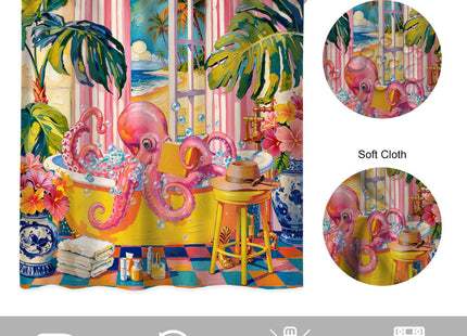 Octopus Coastal Funny Funky Whimsical Boho Bathroom Shower Curtain Set