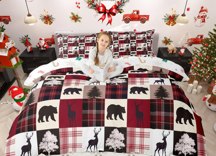 Retro Red Stripes Grid Bedding Set,Animal Silhouette Duvet Cover for Kids Teen Boys Girls,Wildlife Bear Moose Elk Comforter Cover Decorative Room,Christmas Quilt Cover with 2 Pillowcases,Full Size