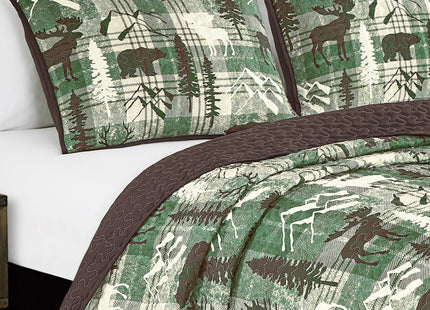 MarCielo 3-Pcs Rustic Cabin Bear Bedspread Quilt Set(Green,Queen)