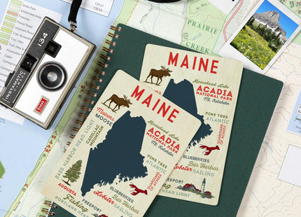 Maine, Typography and Icons (4x6 Birch Wood Postcards, 2-Pack Stationary, Rustic Home Wall Decor)