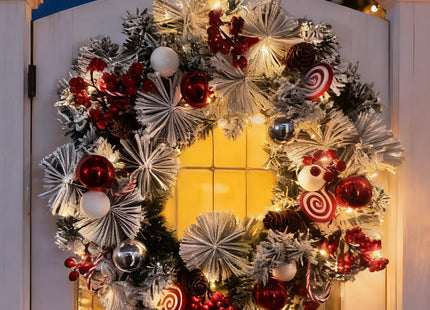 Christmas Wreath for Front Door, 18 Inch Prelit Christmas Wreath with Timer, Warm LED Light, Red Berries, Snow, Pinecone, Candy Cane, Lighted Xmas Decorations for Indoor Outdoor Xmas Collection