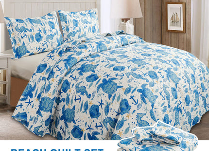 Coastal Beach Quilt Set - Queen Size Ocean Bedding Reversible Quilt Sea Turtle Blue