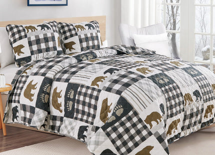Market & Place 2 Piece Reversible Quilt Set with Sham | Twin Cabin Comforter Set | Rustic Bear Buffalo Check Lodge Bedding | Orson Collection (Twin, Navy/Taupe)